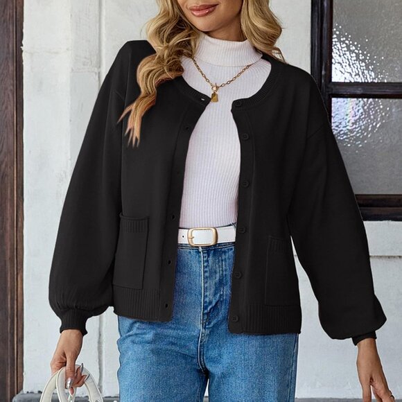 Women's Long Sleeve Knit Cardigan Sweater Button Ribbed Casual Fall Top - Picture 3 of 7